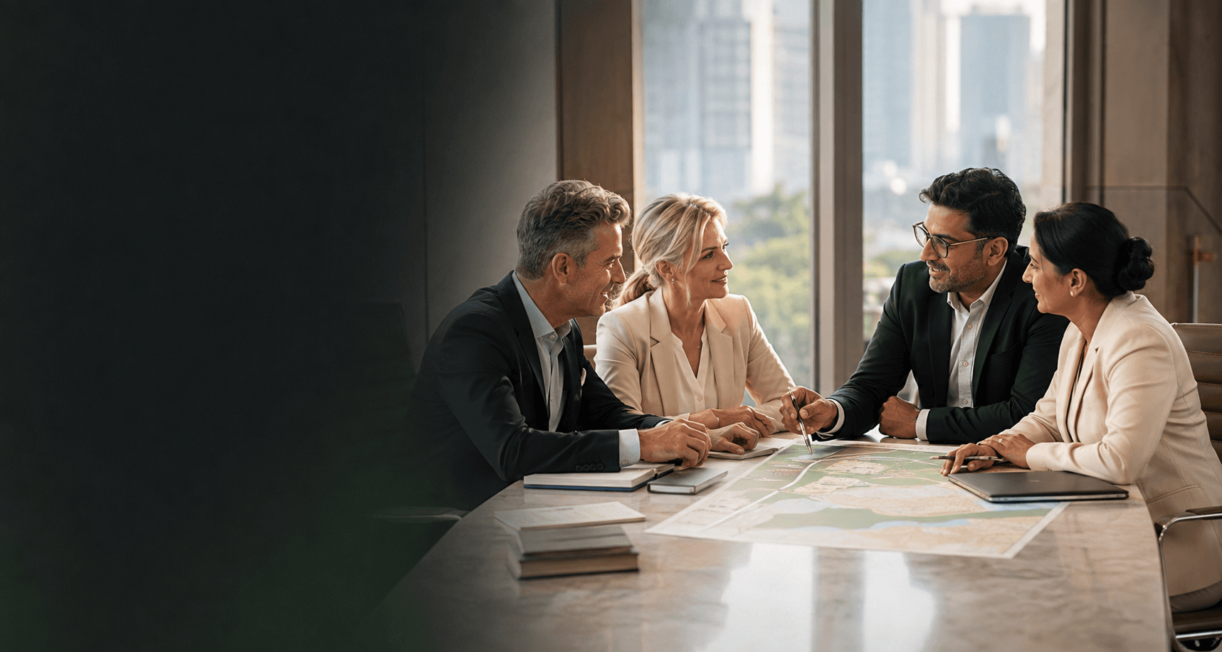 Illustrative scene of international clients planning their India journey with local advisors
