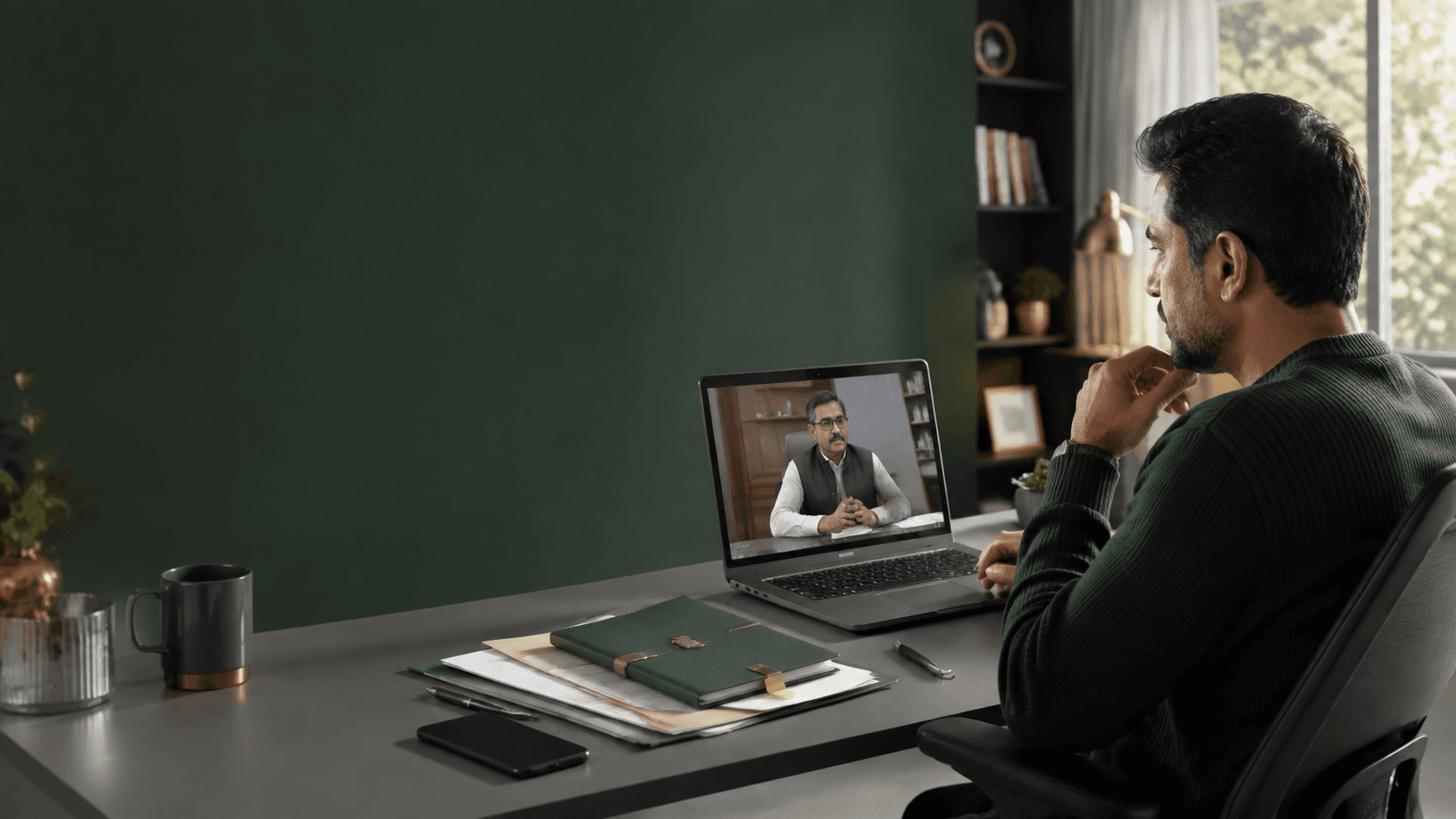 Illustrative scene of an NRI discussing an India-based matter with an advisor over video