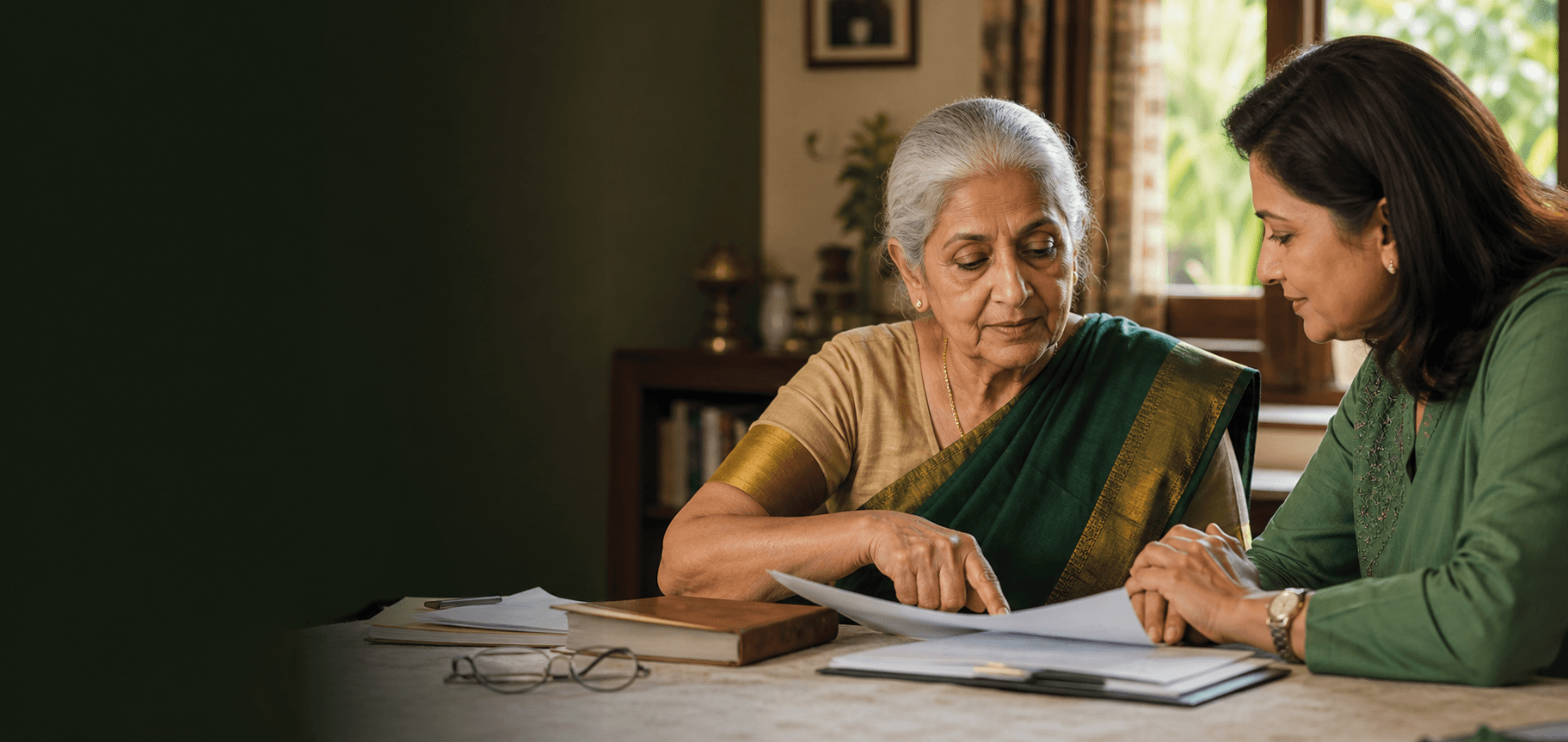 Illustrative scene of a senior citizen reviewing her documents with a patient advisor at home